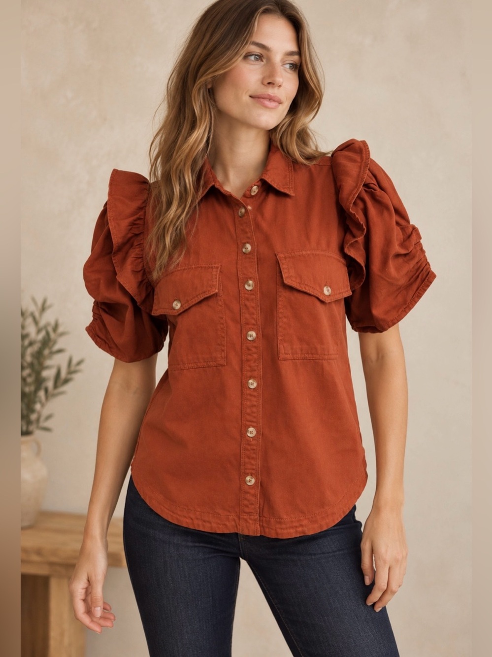 Pilcro Anthropologie Rust Ruffle Puff Sleeve Utility Shirt Top Size XS Cotton